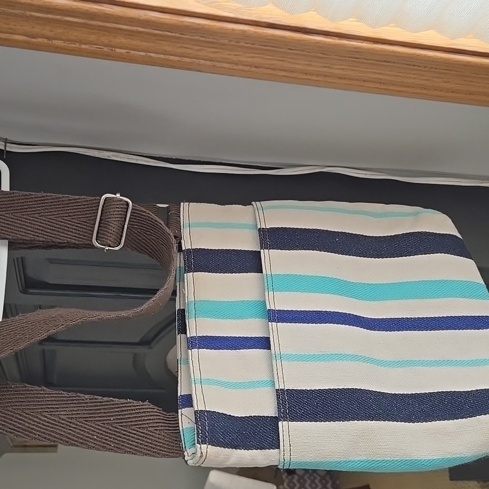 Thirty One Organizing Crossbody Tote In Blue Twill Stripe Adjustable And Pockets - Picture 4 of 17